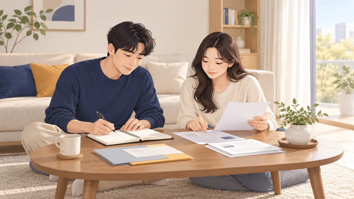 단정한 거실 탁자에서 성인 남매가 노트에 할 일 목록을 적으며 서류를 나눠 보는 차분한 오후 장면