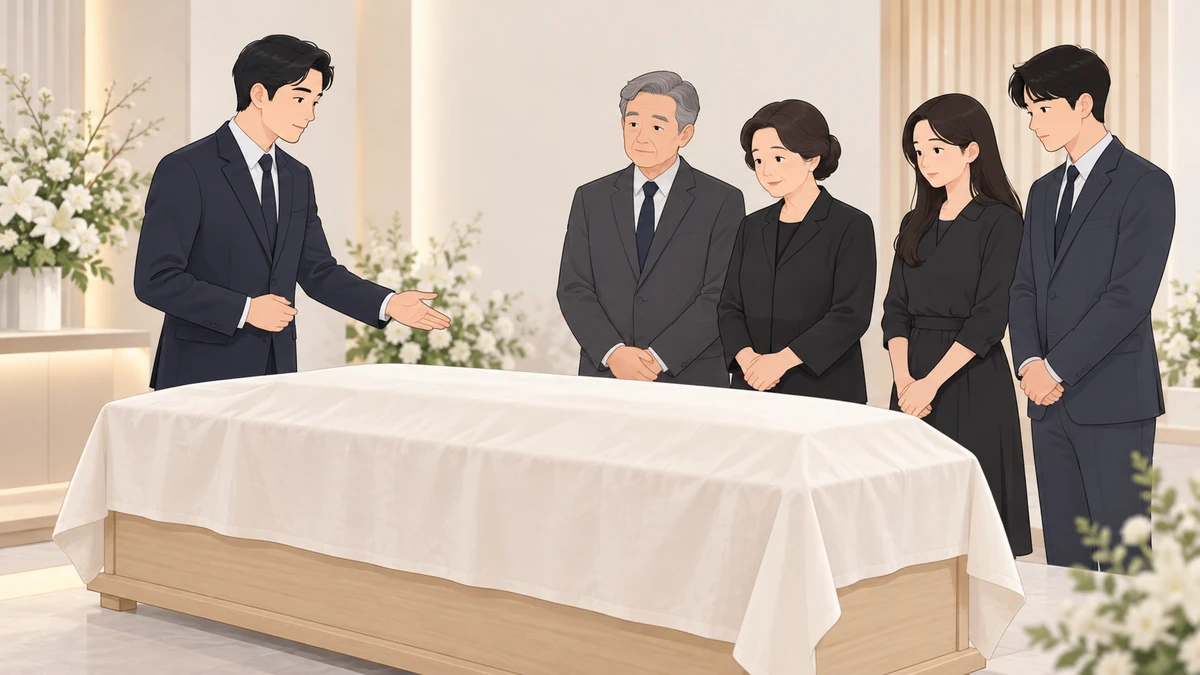 입관실 안 정돈된 공간에서 장례지도사가 관 옆에 서서 설명하고 가족 네 명이 한 걸음 떨어져 차분히 지켜보는 모습, 고인은 흰 천에 덮여 보이지 않음