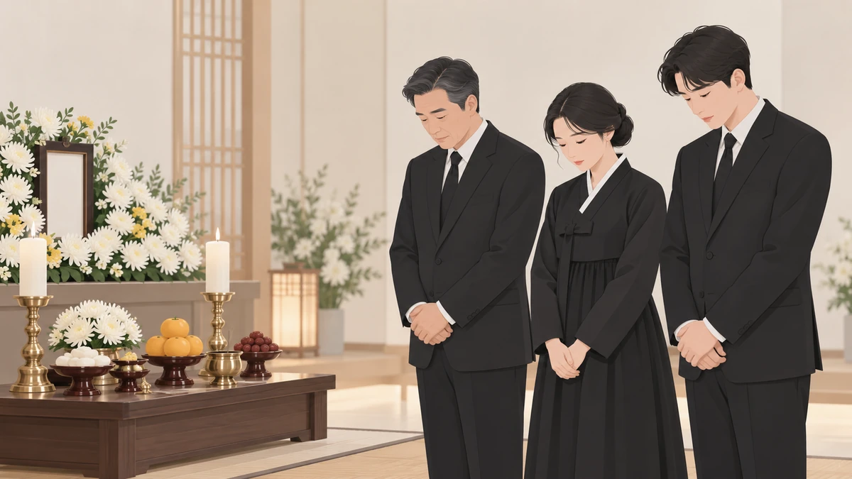 빈소에서 검은 상복을 갖춰 입은 가족 세 명이 작은 제사상 앞에 나란히 서서 고개를 숙이는 모습
