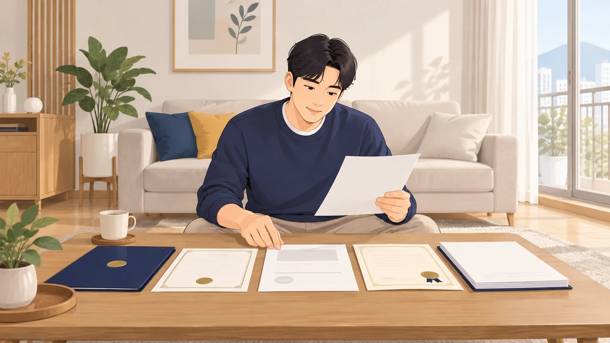 단정한 거실 탁자 위에 수급자 증명서와 사망진단서 같은 서류가 가지런히 놓이고 성인 아들이 서류를 하나씩 확인하는 모습