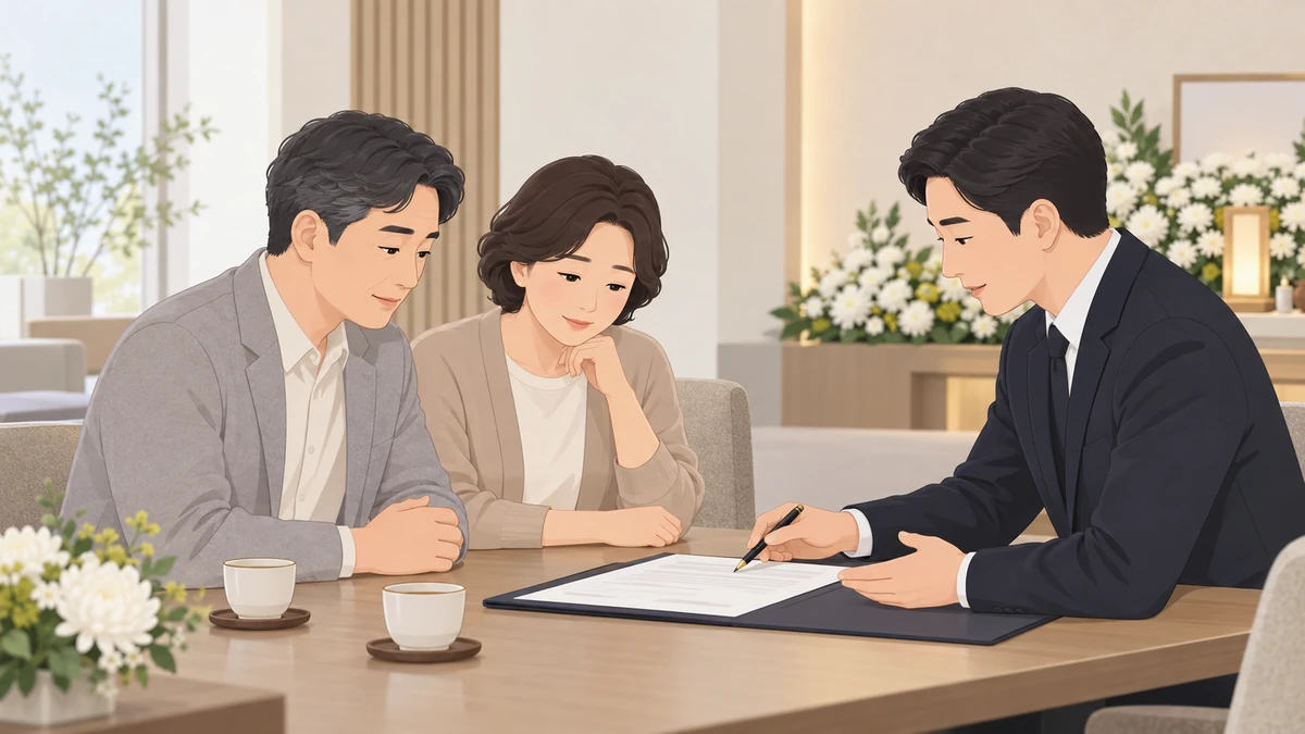 장례식장 상담실에서 중년 부부가 장례지도사와 마주 앉아 계약서를 함께 살펴보는 차분한 장면