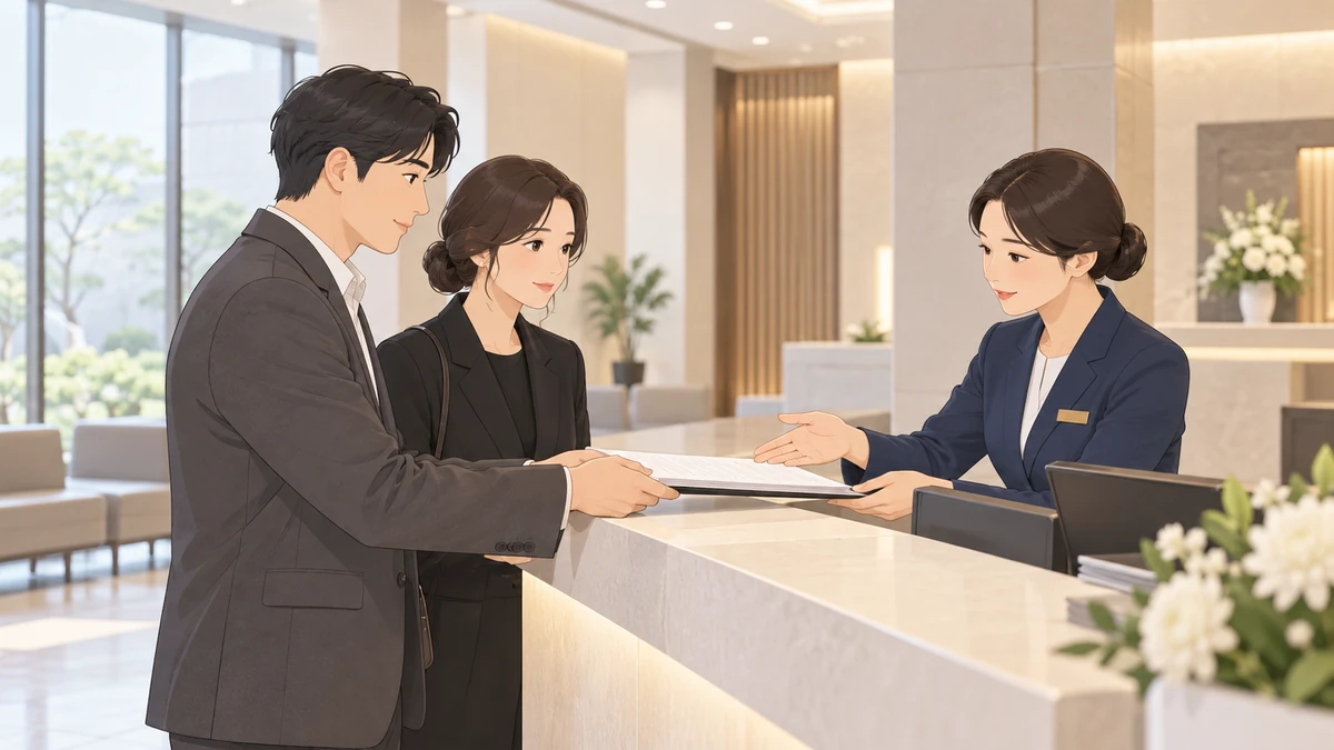 화장시설 접수 창구 앞에서 성인 남매가 직원에게 서류를 건네며 안내를 받는 모습, 밝고 정돈된 로비