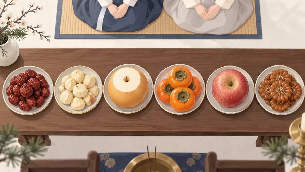 위에서 내려다본 제사상 앞줄에 왼쪽부터 대추, 깐 밤, 윗부분을 깎은 배, 감, 사과, 약과 접시가 한 줄로 놓인 모습