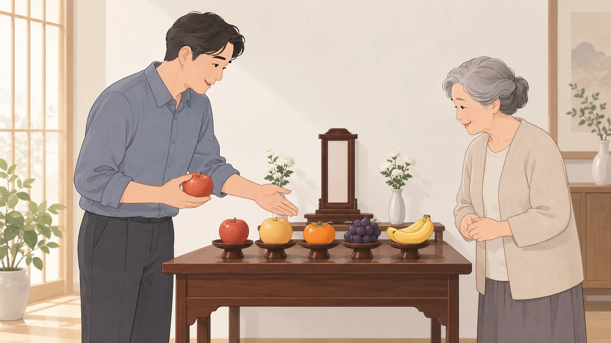 집 안의 작은 제사상에 과일 다섯 가지가 한 줄로 놓여 있고 중년 아들이 사과를 들고 어머니와 무엇을 올릴지 이야기하는 모습