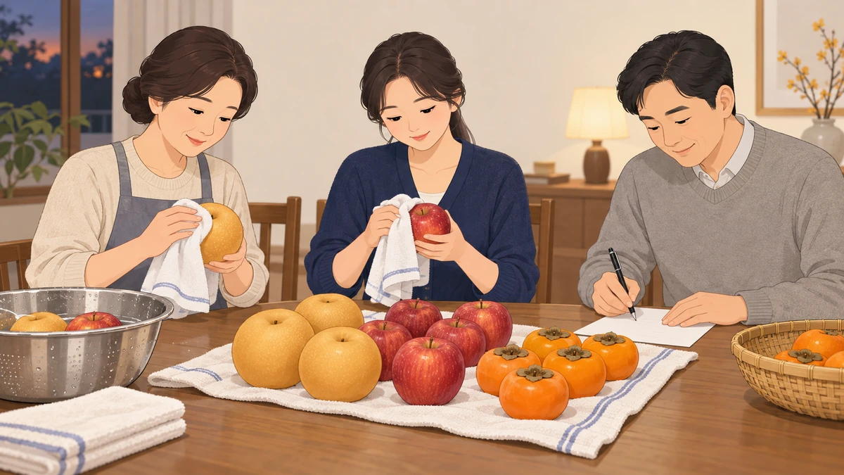 제사 전날 저녁 식탁에서 가족 세 명이 배와 사과를 행주로 닦고 한 사람은 종이에 준비할 것을 적는 모습