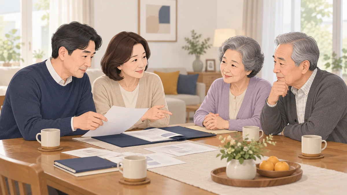 식탁에 앉은 중년 부부가 서류를 넘기며 맞은편에 앉은 아내의 부모와 차분히 이야기하는 모습