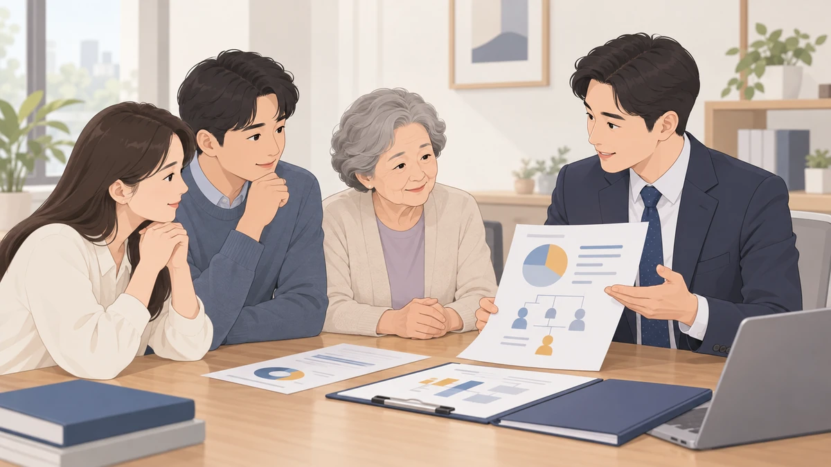 상담실 탁자에 어머니와 성인 자녀 두 명이 앉아 정장 차림 상담사가 가족 관계도가 그려진 종이를 들고 설명하는 것을 듣는 모습