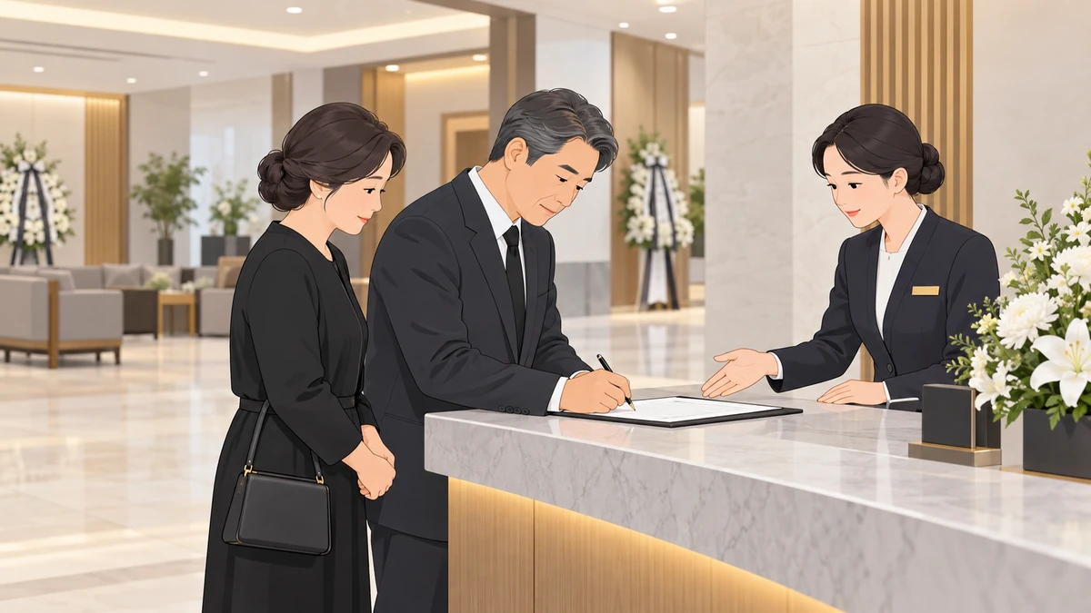 장례식장 로비 안내 데스크에서 검은 정장의 중년 남성이 서류에 서명하고 아내가 곁에 서 있으며 직원이 손으로 안내하는 모습
