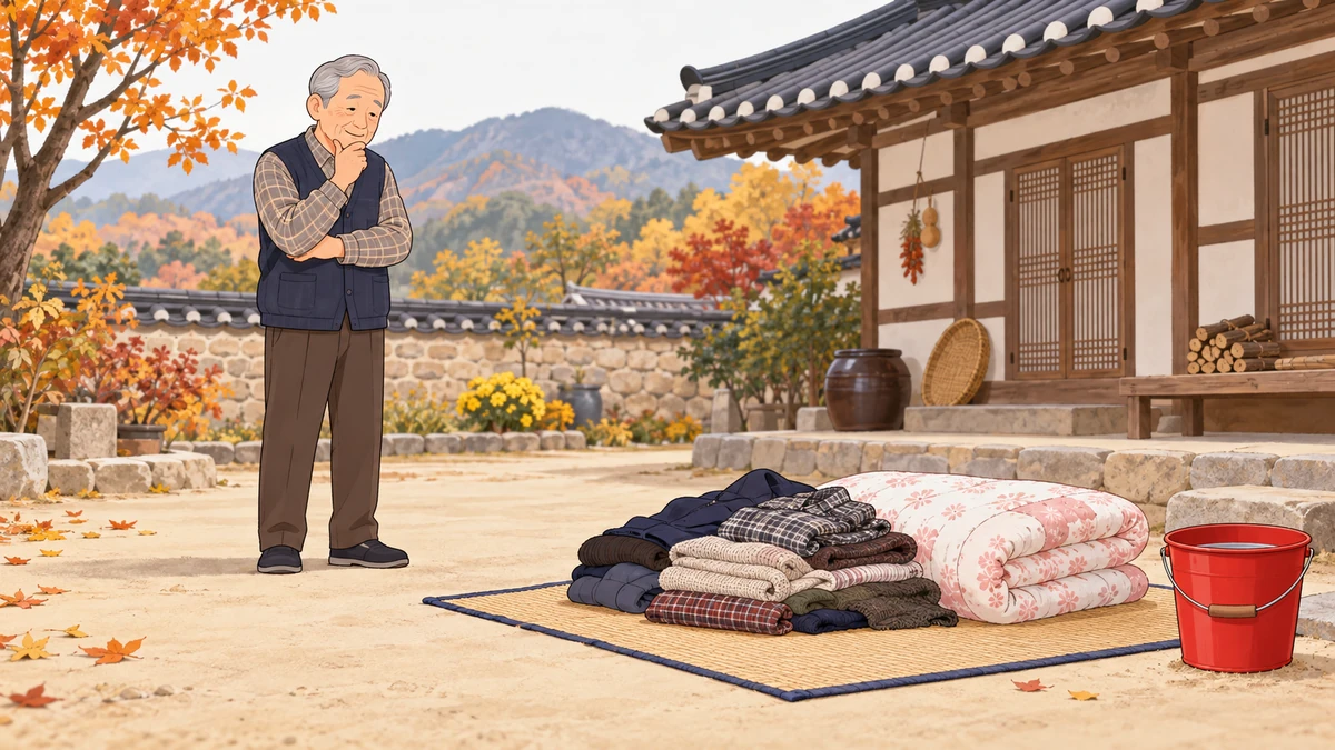 가을 시골집 마당 돗자리 위에 옷가지와 꽃무늬 이불이 쌓여 있고 노인이 불을 피우지 않고 생각에 잠겨 서 있으며 옆에 빨간 소화 양동이가 놓인 모습