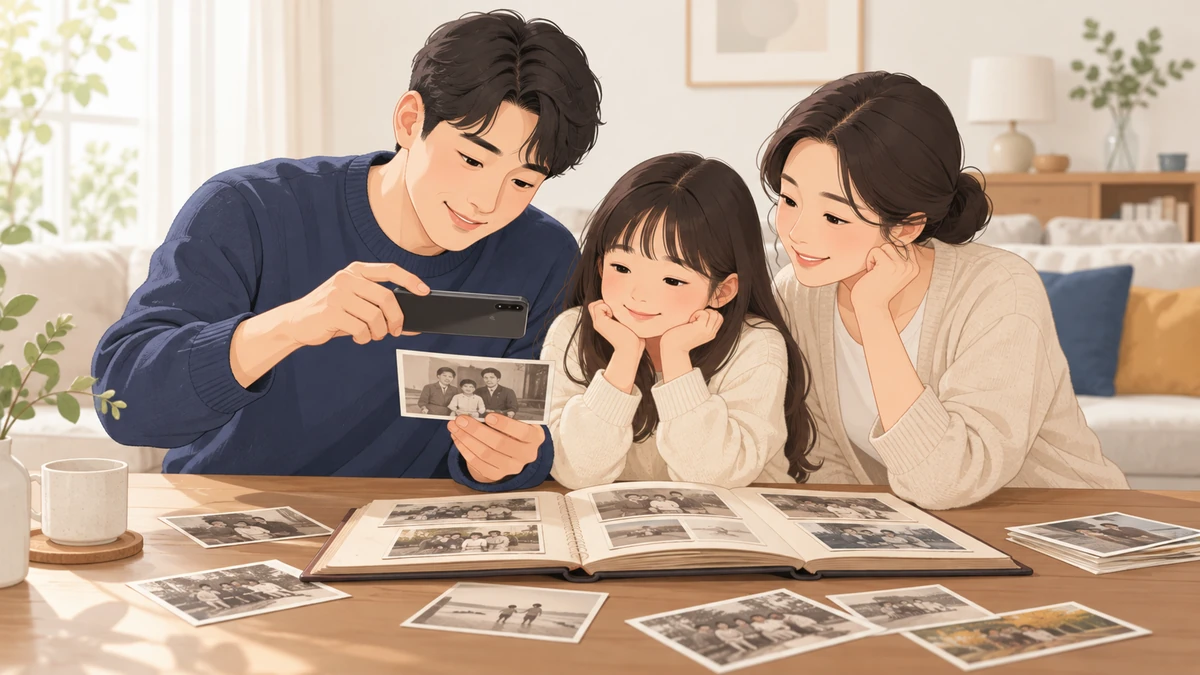 거실 탁자에 펼친 옛 앨범과 흑백 사진을 아버지가 휴대폰으로 찍고 딸과 어머니가 곁에서 웃으며 바라보는 모습