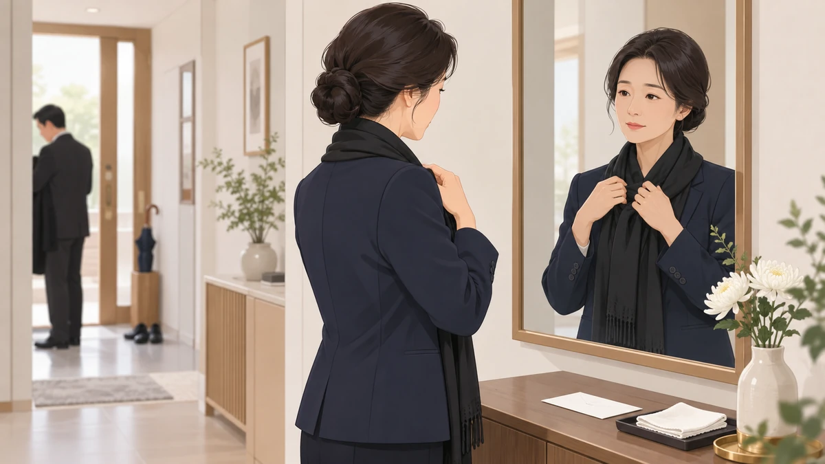 현관 거울 앞에서 중년 여성이 남색 재킷에 검은 스카프를 두르고 탁자에 흰 봉투와 손수건을 올려 둔 모습