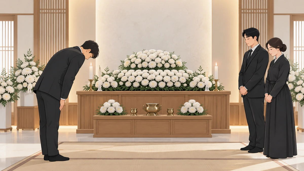 흰 국화로 꾸민 빈소 제단 앞에서 검은 정장 차림 조문객이 허리 숙여 인사하고 옆에 상주 남매가 서 있는 모습
