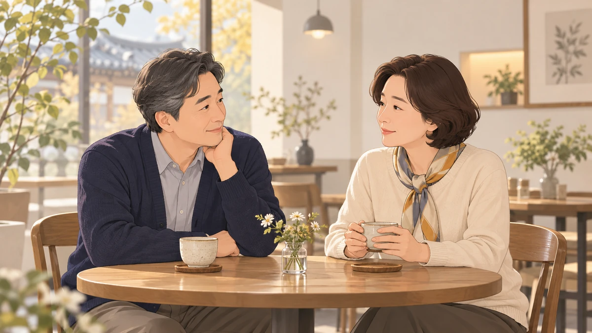 햇살 드는 카페 탁자에 마주 앉은 중년 남녀가 찻잔을 들고 서로 안부를 나누는 모습