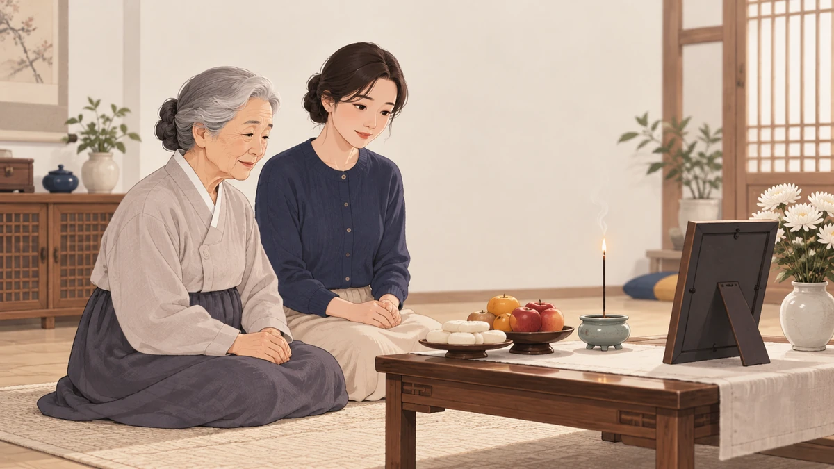 집 안 작은 상에 과일과 떡, 향 하나를 올리고 노모와 딸이 그 앞에 조용히 앉아 있는 모습