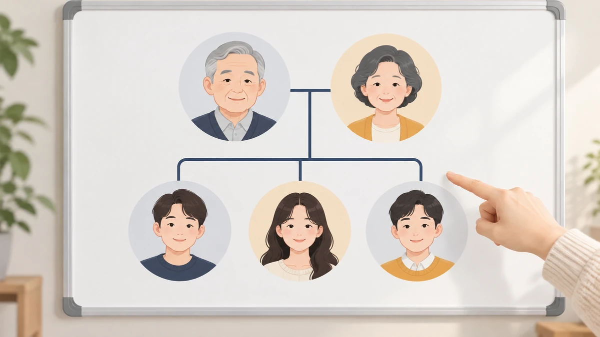 화이트보드에 그린 가계도에서 부모 아래 자녀 세 명으로 이어진 가지를 손가락으로 가리키는 모습