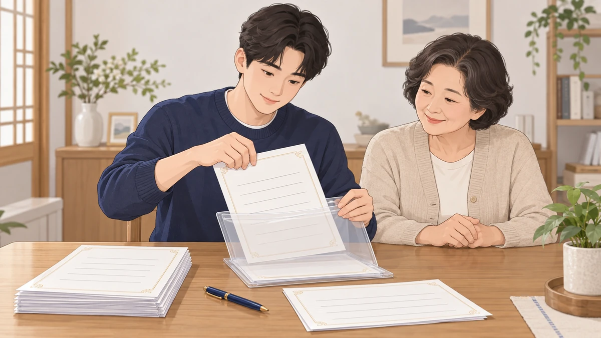 거실 탁자에서 아들이 증명서 서류를 투명 파일에 정리하고 어머니가 곁에서 지켜보는 모습