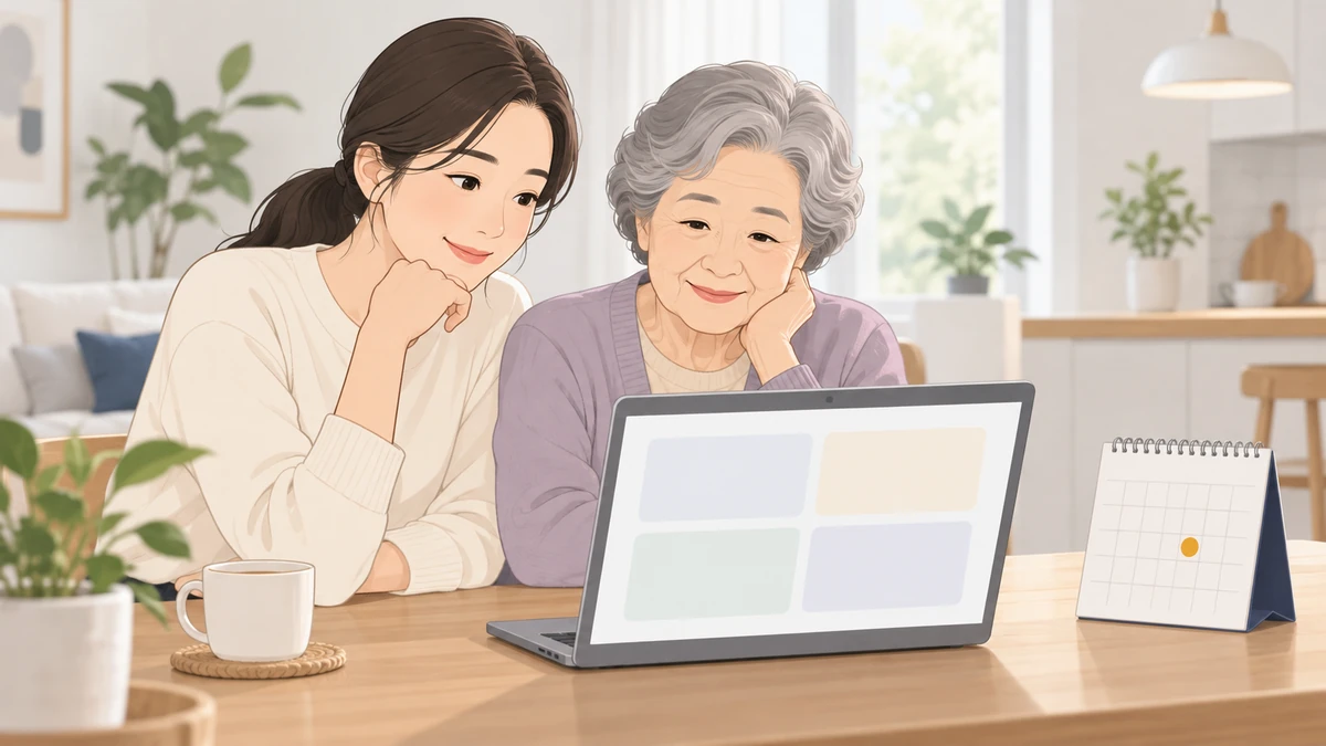 식탁에서 딸과 노모가 노트북 화면을 함께 보고 옆에 날짜 하나가 표시된 탁상 달력이 놓인 모습