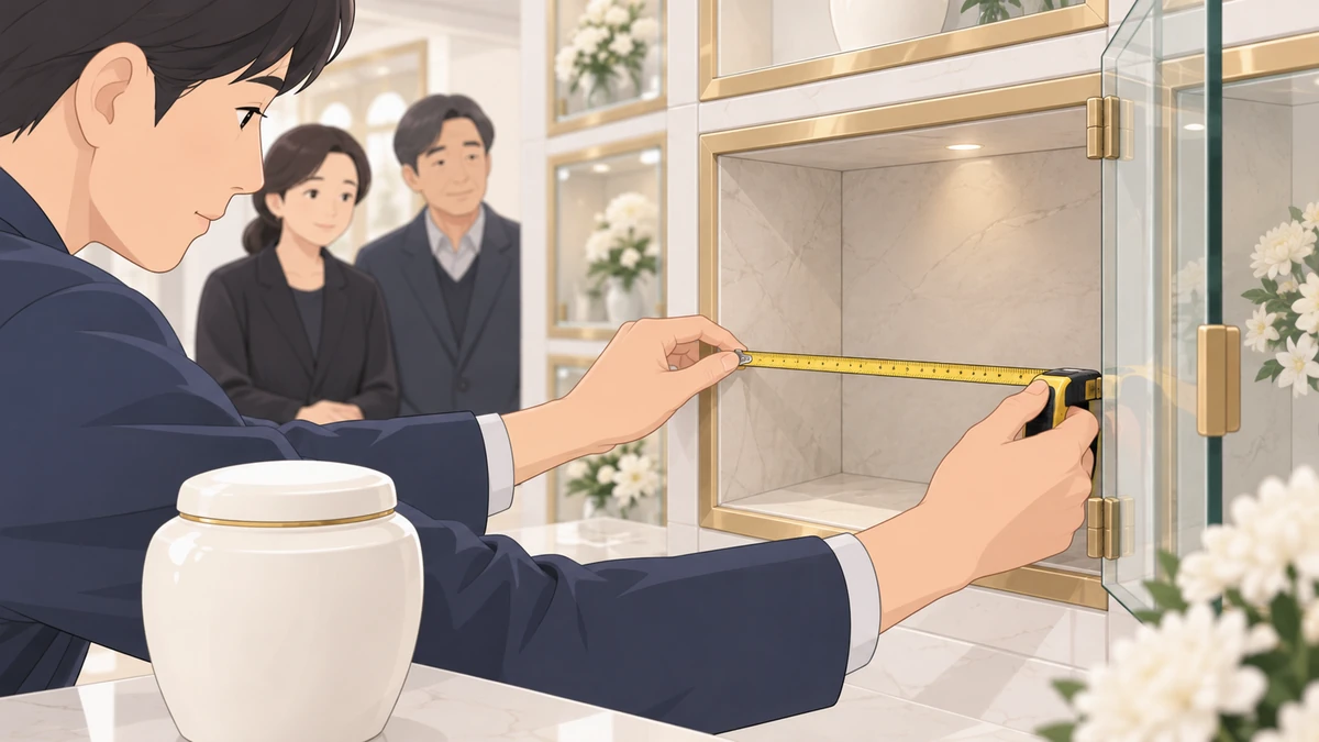 유골함이 놓인 빈 안치단 안쪽을 남성이 줄자로 재고 뒤에서 부모가 지켜보는 모습