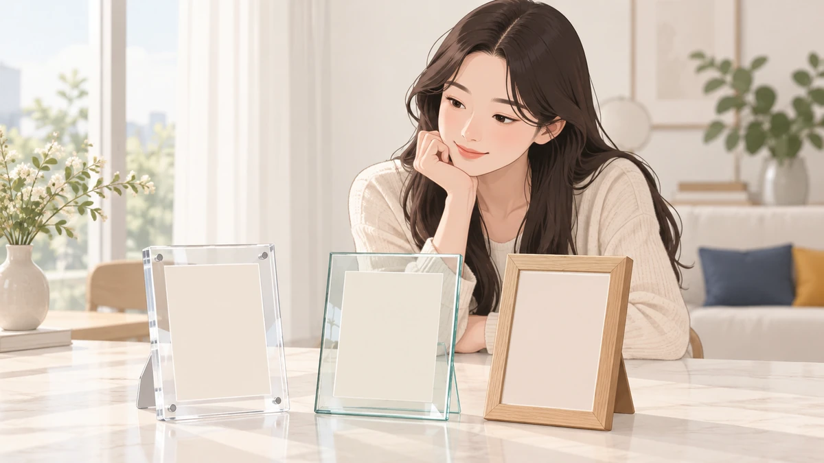 탁자 위에 아크릴, 유리, 원목 액자 세 개가 나란히 서 있고 여성이 턱을 괴고 비교하는 모습