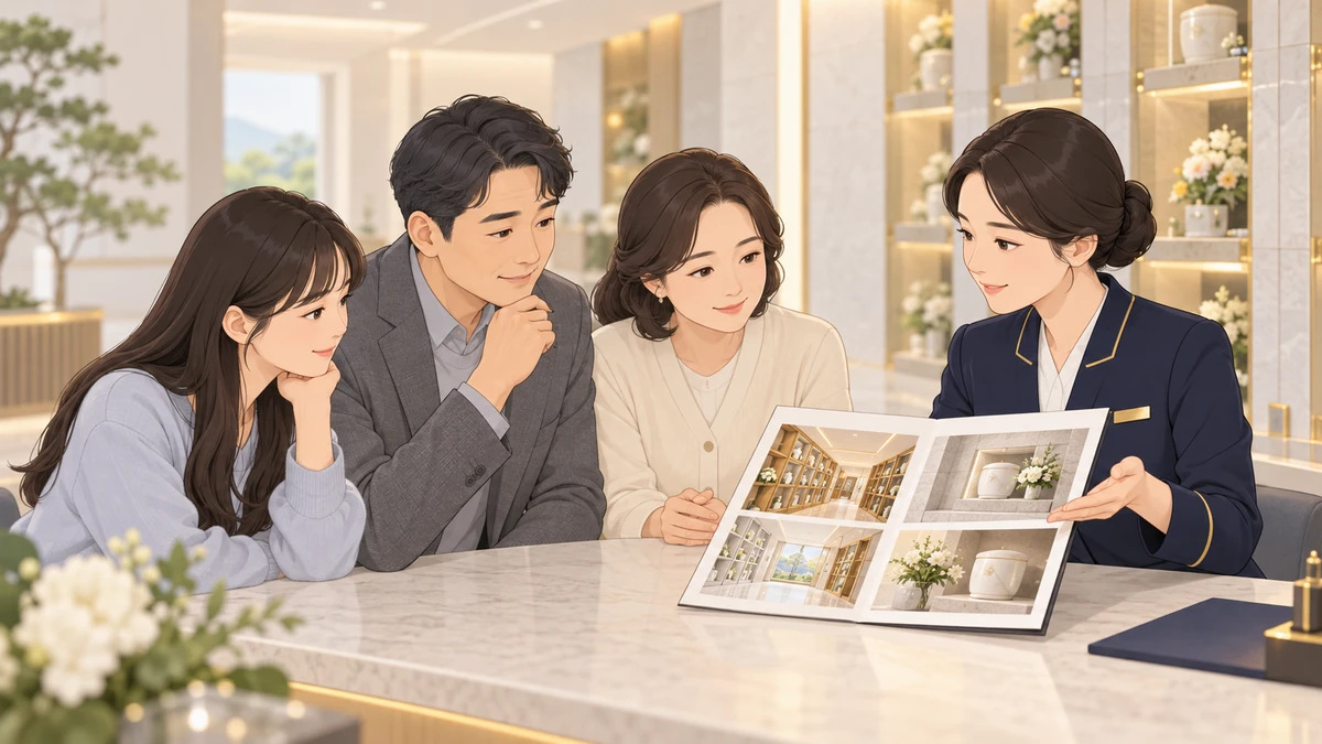 봉안당 안내 데스크에서 직원이 안내 책자를 펼쳐 보이고 가족 세 명이 함께 들여다보는 모습