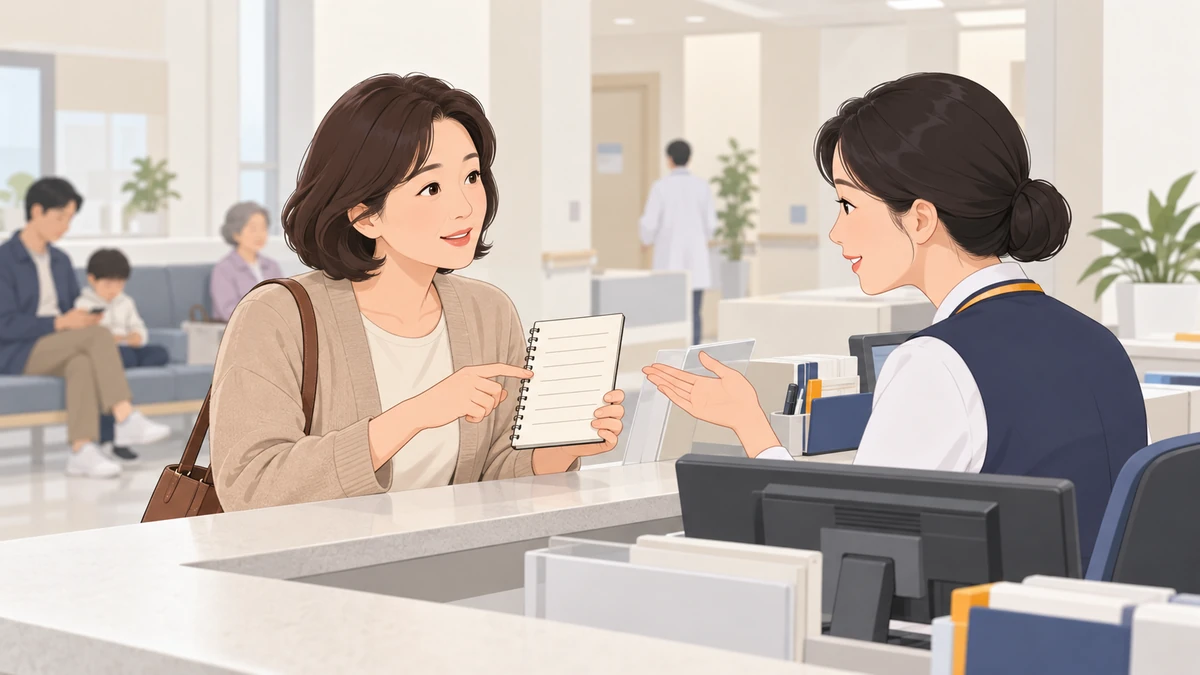 병원 원무과 창구에서 중년 여성이 수첩을 들고 직원에게 묻고 직원이 손짓으로 설명하는 모습