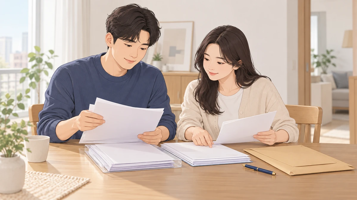 식탁에서 남매가 병원 서류를 나눠 들고 살펴보며 봉투와 펜을 옆에 둔 모습