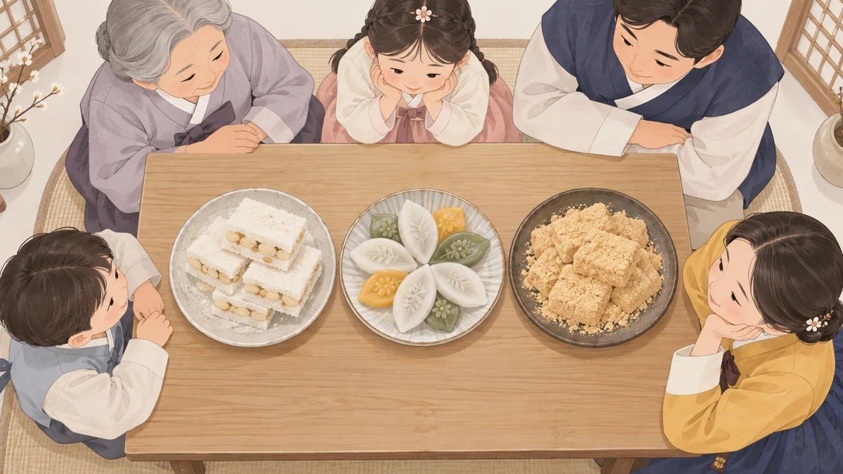 나무 식탁 위 세 접시에 흰 고물 시루떡과 송편, 콩고물 인절미가 담겨 있고 가족이 둘러앉아 보는 모습
