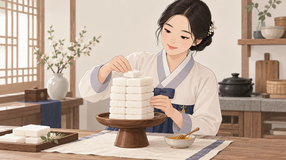 한복 차림 여성이 굽 높은 나무 편틀에 흰 떡을 네모지게 층층이 쌓고 옆에 꿀 종지를 둔 모습