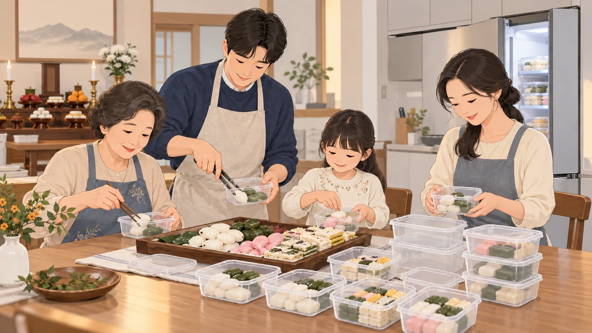 제사를 마친 뒤 가족이 식탁에서 남은 떡을 작은 밀폐 용기에 나눠 담는 모습