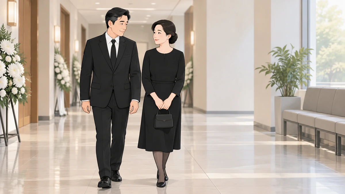 단정한 검은 정장에 검은 넥타이를 맨 중년 남성과 무릎 아래 검은 원피스를 입은 중년 여성이 장례식장 복도를 나란히 걷는 모습