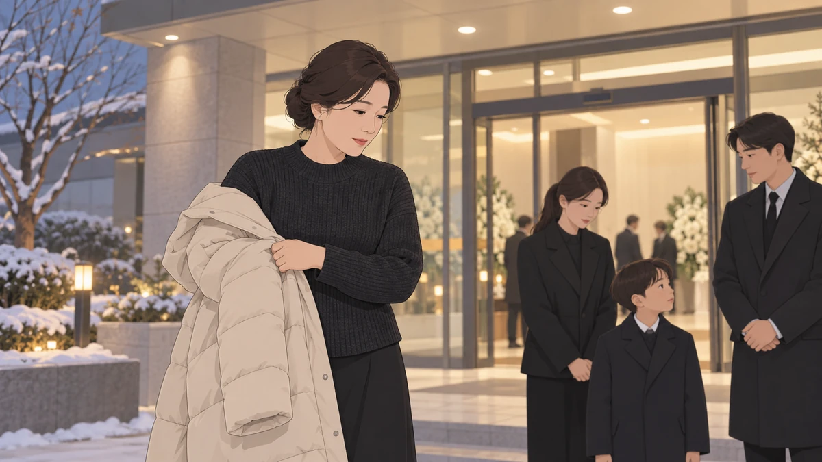 겨울 저녁 장례식장 입구에서 중년 여성이 밝은 베이지색 패딩을 벗어 팔에 걸고 어두운 니트 차림으로 들어가는 모습