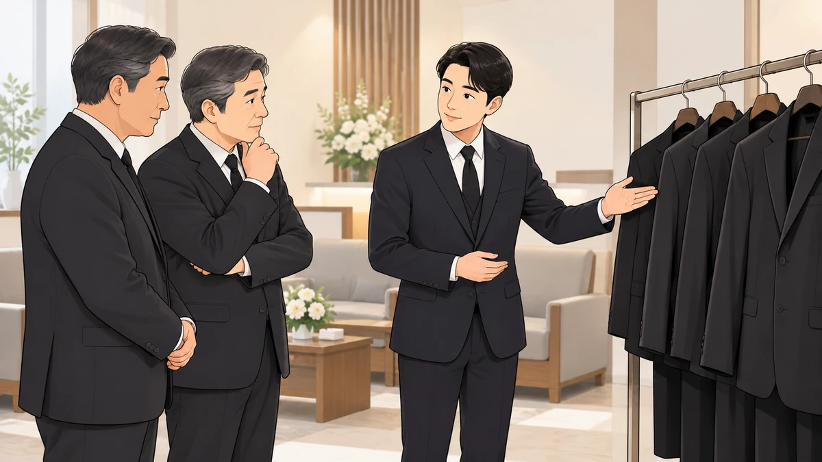 장례식장 가족 대기실에서 장례지도사가 검은 상복이 걸린 옷걸이를 가리키며 중년 형제에게 설명하는 모습