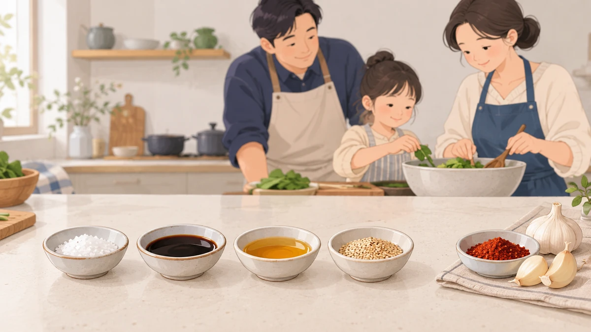 작은 종지에 담긴 소금, 국간장, 참기름, 깨가 나란히 놓여 있고 옆에 마늘과 고춧가루는 한쪽으로 치워 둔 조리대 모습