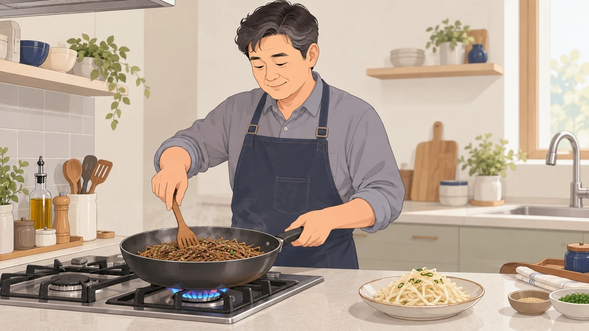 가스레인지 앞에서 중년 남성이 팬에 고사리를 볶고, 옆 접시에 무쳐 둔 흰 도라지나물이 놓여 있는 모습