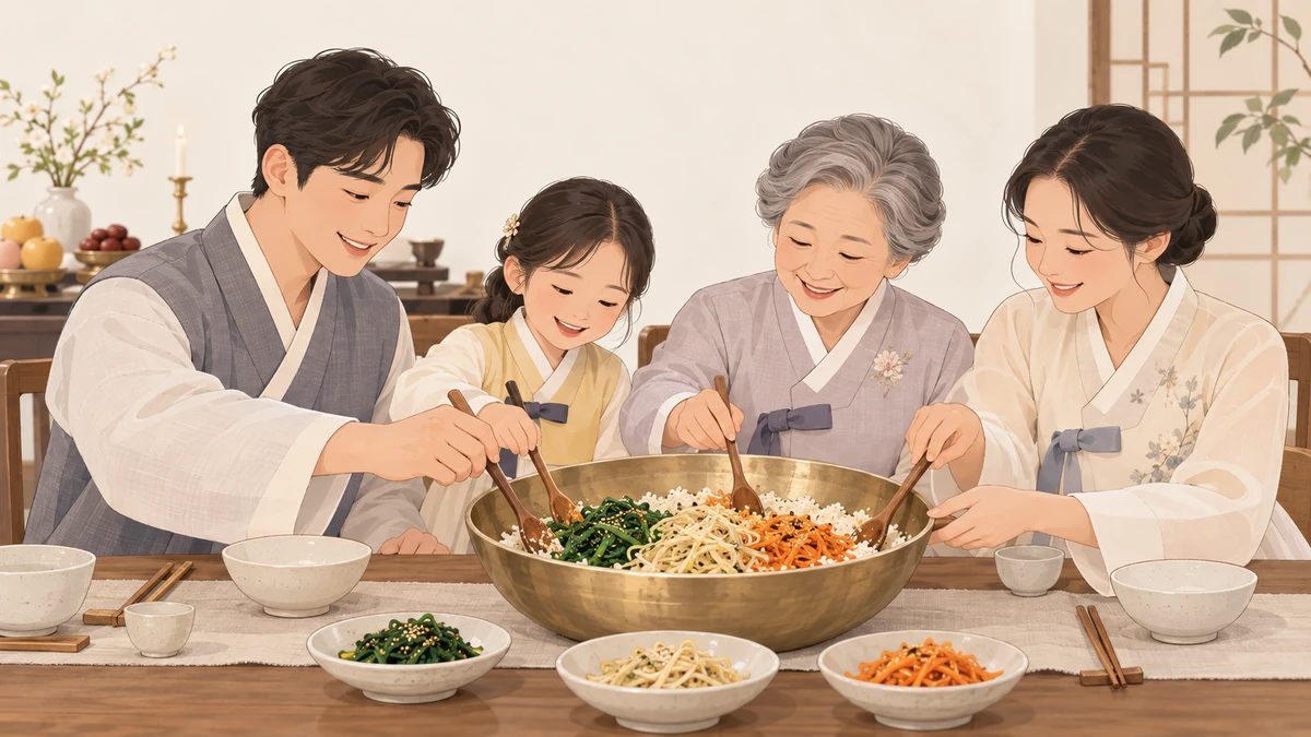 제사를 마친 가족이 식탁에 둘러앉아 큰 그릇에 삼색나물과 밥을 함께 비비는 모습