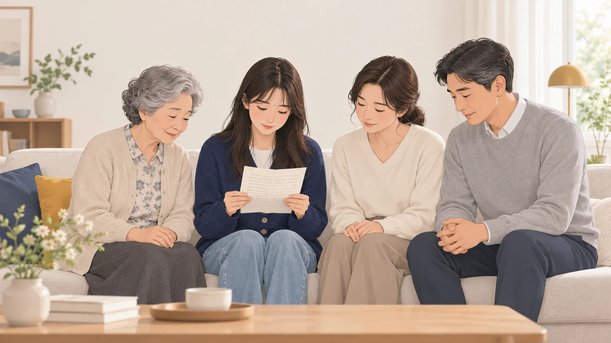 거실에서 대학생 손녀가 종이 편지를 들고 읽고, 할머니와 부모가 고개를 숙여 듣는 차분한 장면
