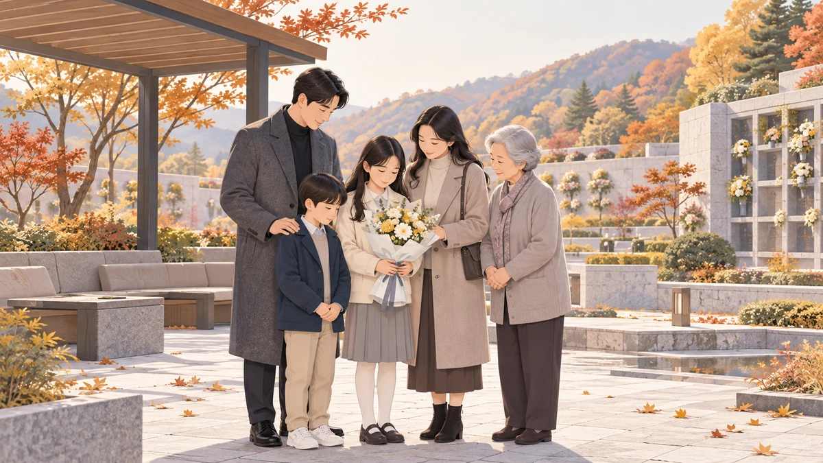 가을 오후 봉안당 야외 쉼터에서 가족 다섯 명이 꽃다발을 들고 조용히 모여 서 있는 모습