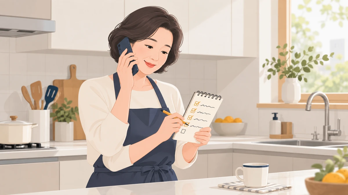 중년 여성이 휴대폰으로 업체와 통화하며 손에 든 메모지에 체크 표시를 하는 모습