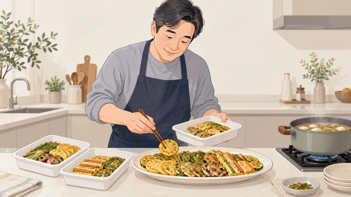 주방에서 중년 남성이 포장 용기에 담겨 온 전을 넓은 접시로 옮겨 담고, 옆 냄비에서 탕이 데워지는 모습