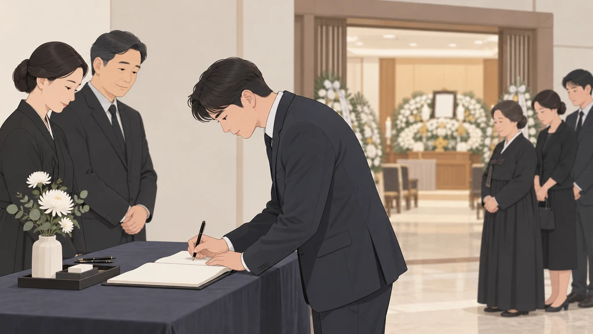 장례식장 빈소 앞 방명록 탁자에서 조문객이 단정하게 이름을 적고, 옆에 흰 국화 몇 송이가 작게 놓여 있는 모습