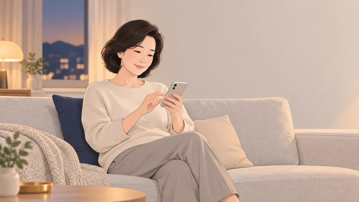 저녁 거실 소파에 앉은 중년 여성이 휴대폰으로 짧은 메시지를 쓰며 차분한 표정을 짓는 모습