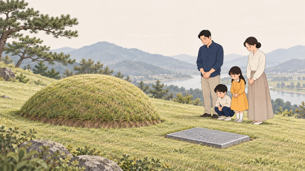 같은 언덕에 둥근 봉분 묘 하나와 땅과 높이가 같은 평장 표지석 하나가 나란히 있어 모양 차이가 한눈에 보이는 단순한 풍경