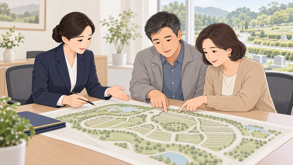 공원묘지 관리사무소 상담 탁자에서 직원이 묘역 배치도를 펼쳐 보여 주고 중년 남매가 손가락으로 위치를 짚어 보는 모습