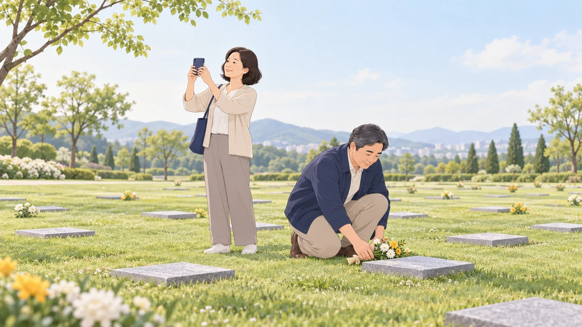 맑은 날 평장 묘역 앞에서 중년 여성이 휴대폰으로 표지석 주변 풍경을 사진 찍고, 옆에서 남편이 작은 꽃다발을 내려놓는 모습