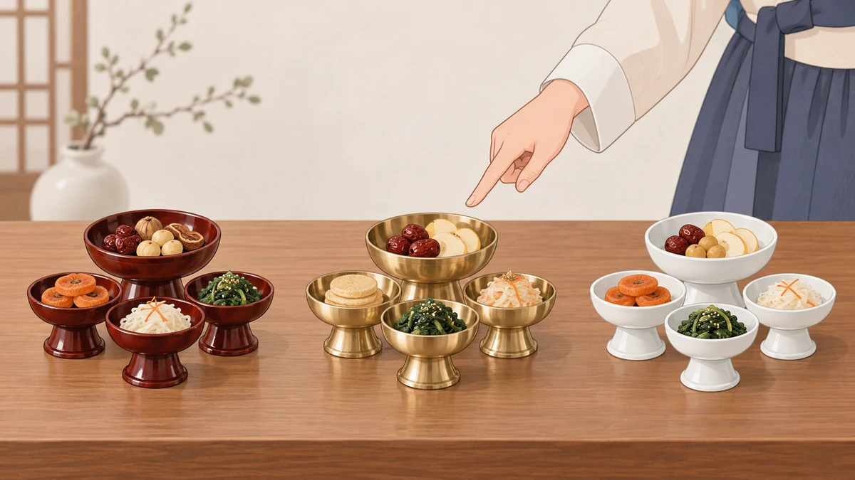 나무 제기, 놋쇠 제기, 흰 사기 제기가 탁자 위에 세 무리로 나뉘어 놓인 비교 장면