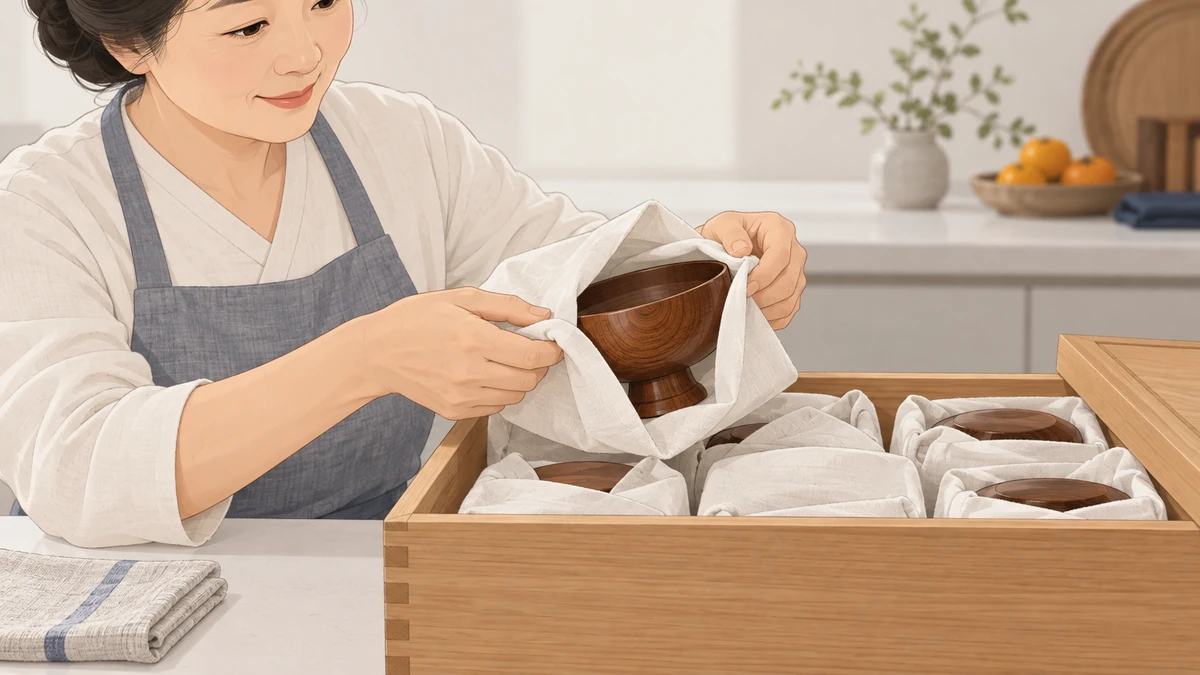 깨끗이 닦은 제기를 부드러운 천으로 감싸 나무 상자에 차곡차곡 넣고 있는 중년 여성의 손