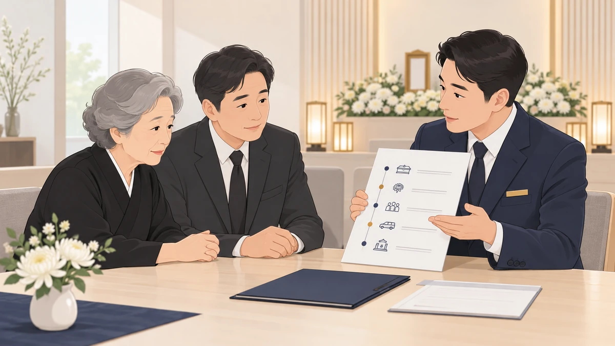 장례식장 상담실에서 큰어머니로 보이는 노년 여성과 조카인 중년 남성이 나란히 앉아 장례지도사의 설명을 듣는 모습