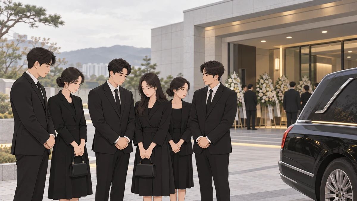 발인 날 아침 장례식장 앞에서 사촌 형제들과 조카가 함께 서서 운구 순서를 기다리는 차분한 장면