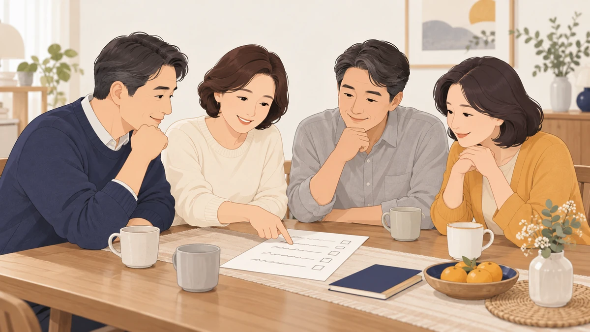 식탁에 둘러앉은 가족이 메모지를 보며 제사 준비 목록을 함께 정하는 모습