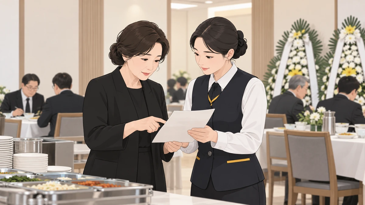 장례식장 접객실에서 중년 여성이 직원과 함께 음식 주문 목록을 확인하고 뒤쪽 테이블에 손님 몇이 앉아 있는 모습